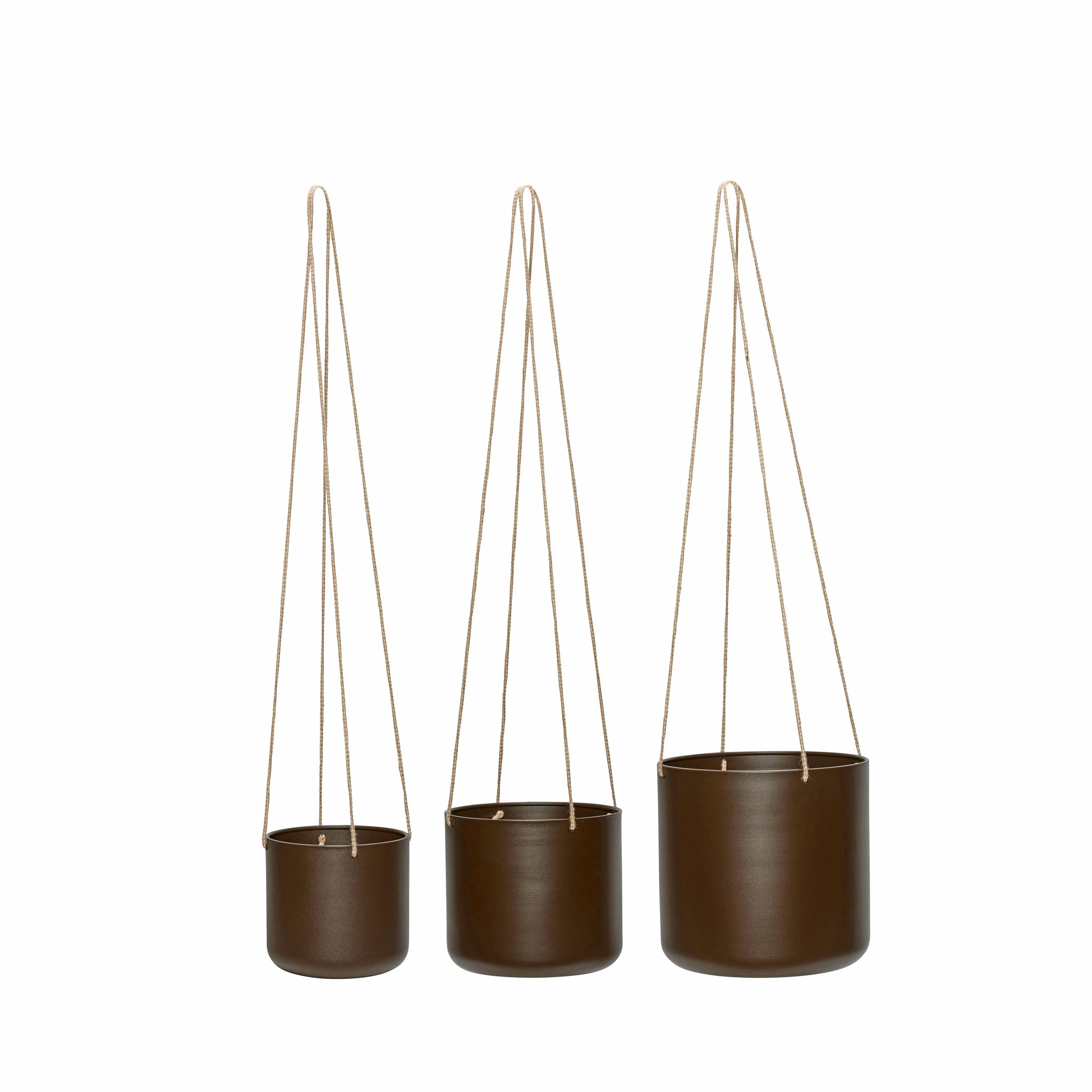 three pot hanging planter Bloom Hanging Pots Large Brown Set of 3 | Hübsch