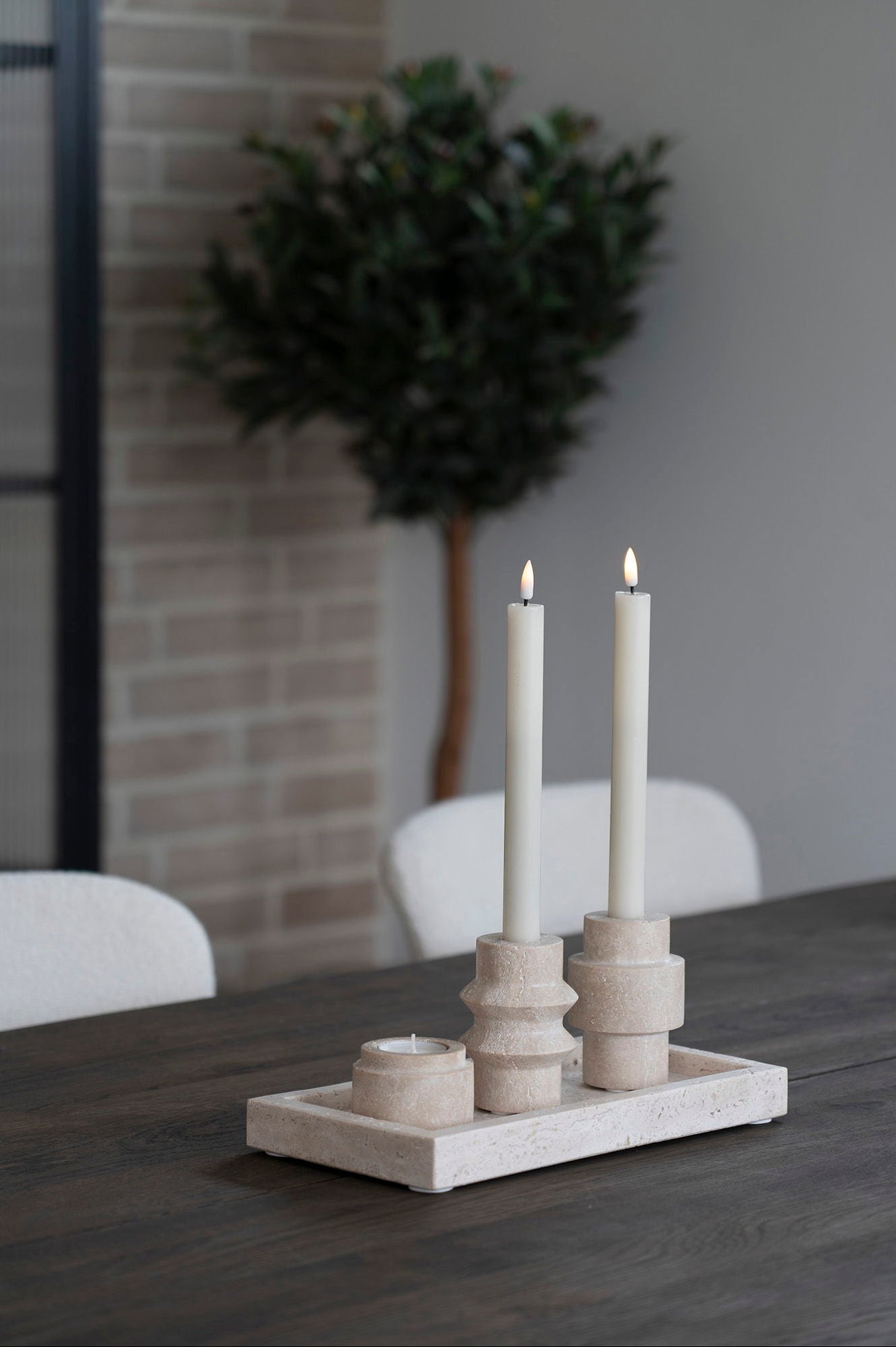 Candle Holder  - Candle Holder, travertine, natural, ø7x10 cm