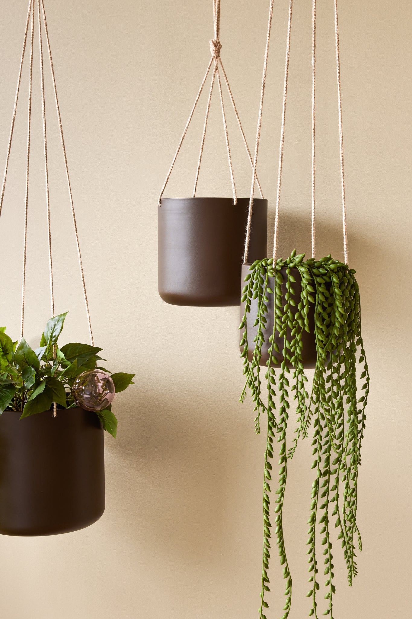 set of 3 hanging plants Bloom Hanging Pots Large Brown Set of 3 | Hübsch